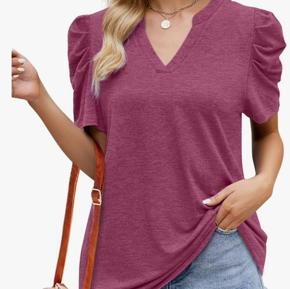 NWT - Womens Dressy Tops V Neck T Shirts Cute Puff Sleeve Loose Fit Tuni…